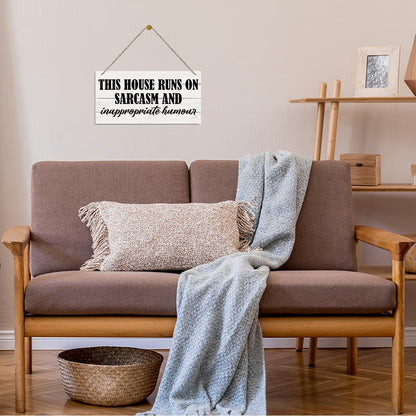 This House Runs On Sarcasm and Inappropriate Humor Sign, Funny Wood Sign, Hanging Printed Wooden Plaque Decor, Rustic Wall Decoration, Modern Home Decor, Funny Housewarming Gift