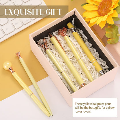 Qeeenar 6 Pcs Ballpoint Pens Set Metal Crystal Diamond Pen for Journaling Glitter Pretty Cute Stationery Black Ink Fancy Gifts for Women Girls Teacher Office Wedding School Supplies(Yellow)