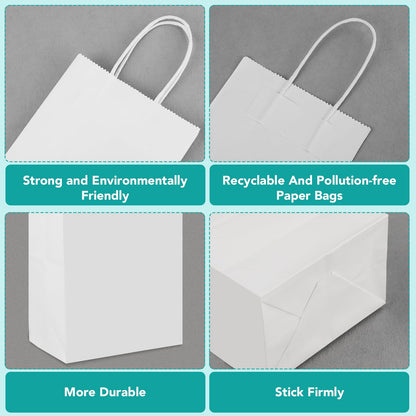 XPCARE 100Pcs Paper Gift Bags 5.25x3.25x8.25'', Small Paper Bags with Handles Bulk, Kraft Paper for Birthday Party Favors, Shopping, Retail White