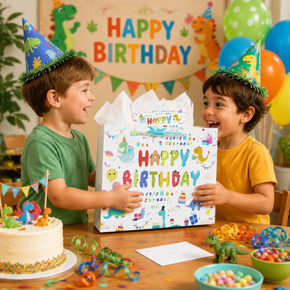 Oletx 13" Dinosaur Gift Bags with Handle,Happy Birthday Party Favor Wrapping Bags with Tissue Paper Greeting Card