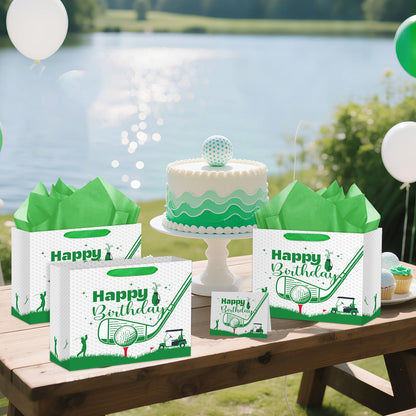 Hooqict Golf Gift Bag Happy Birthday Party Gift Bag with Handles, Wrapping Paper, Greeting Card for Boys Kids Men Golf Themed Birthday Decorations Sports Party Supplies