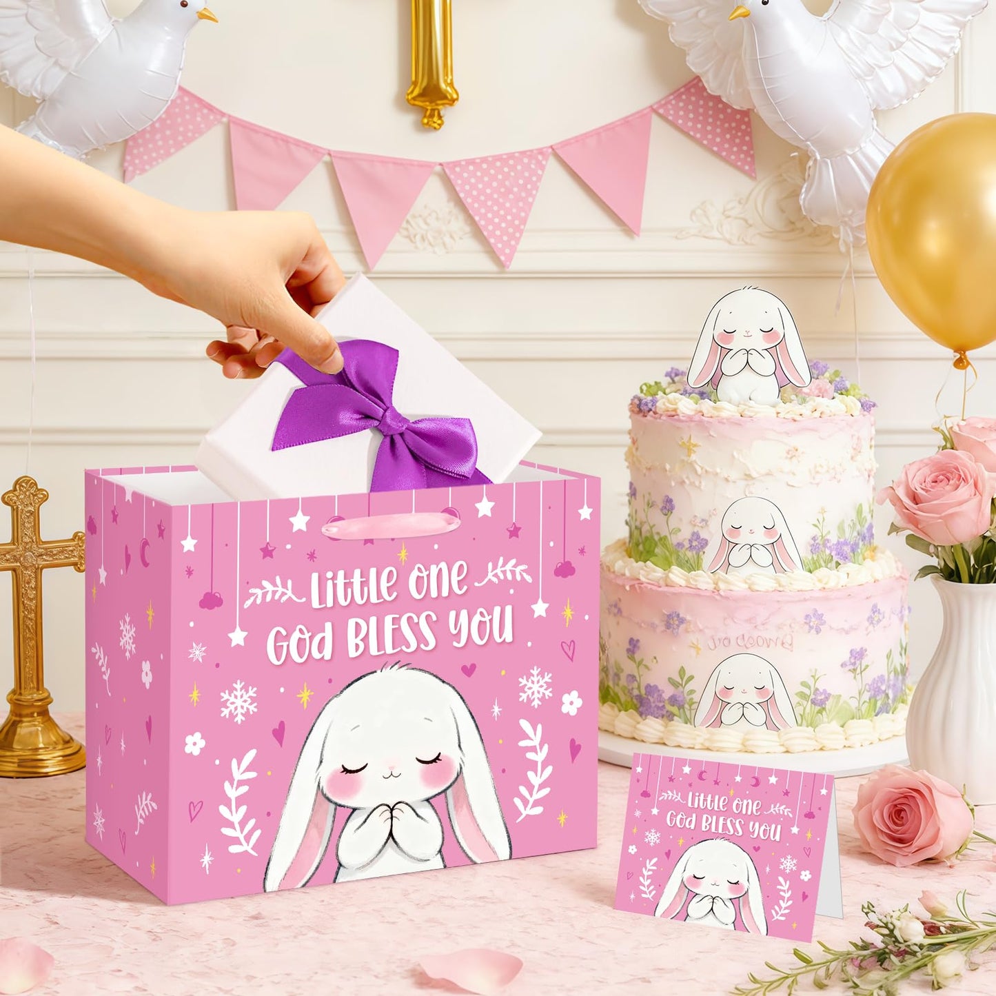 Large Baptism Gift Bags for Girls, Bunny Pray Pink Christening Gift Cross Gift Bag with Tissue Paper Card Little One God Bless You Religious First Holy Communion Wrapping Paper for Baby Girl Baptisms
