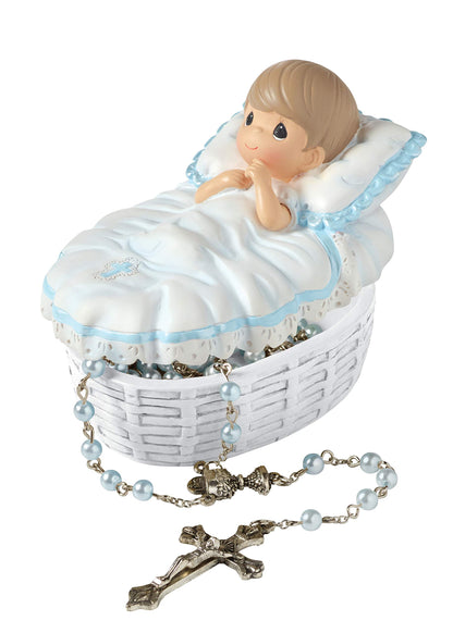 Precious Moments Baptism Gift, Boy's Resin Rosary Box with Hand-Painted Details, Perfect Keepsake, 153409