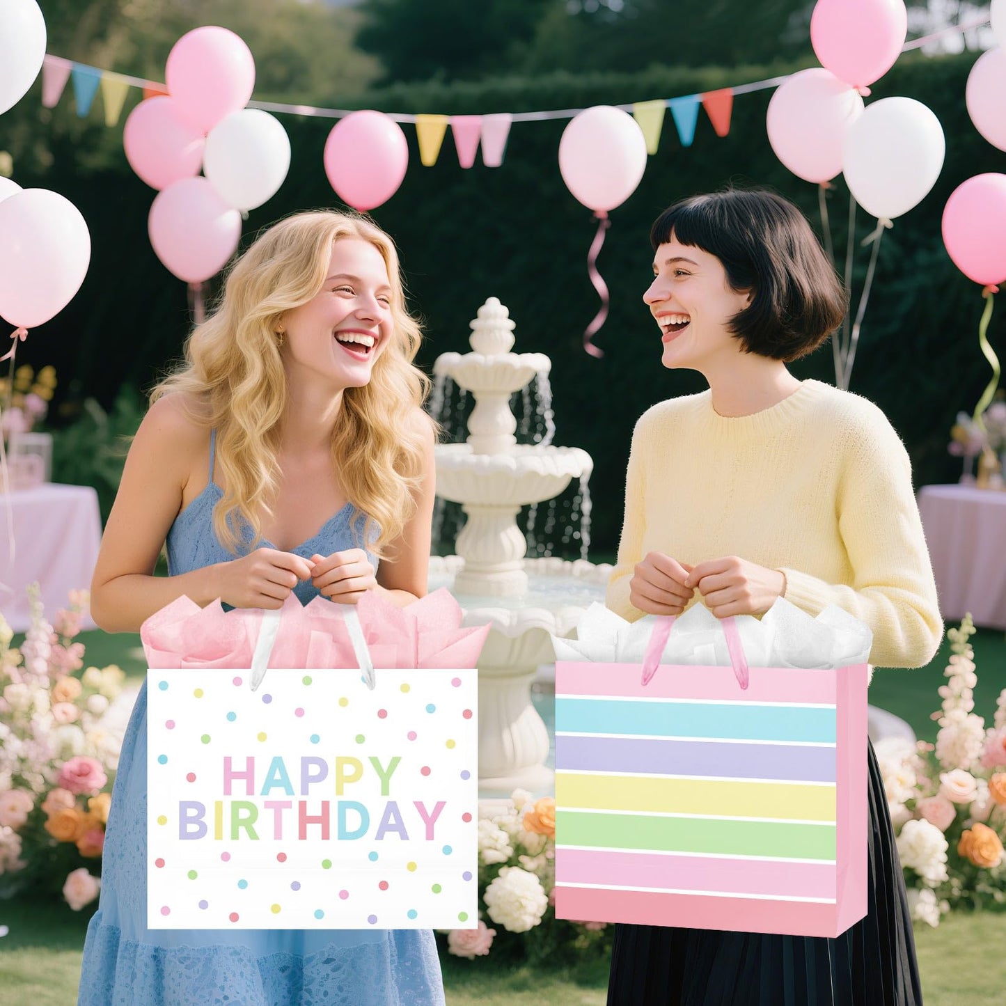 Laidans 2-Pack 13" Large Happy Birthday Gift Bags Party with Tissue Paper, Cards for Girls Women Birthday Party Favors Wrap