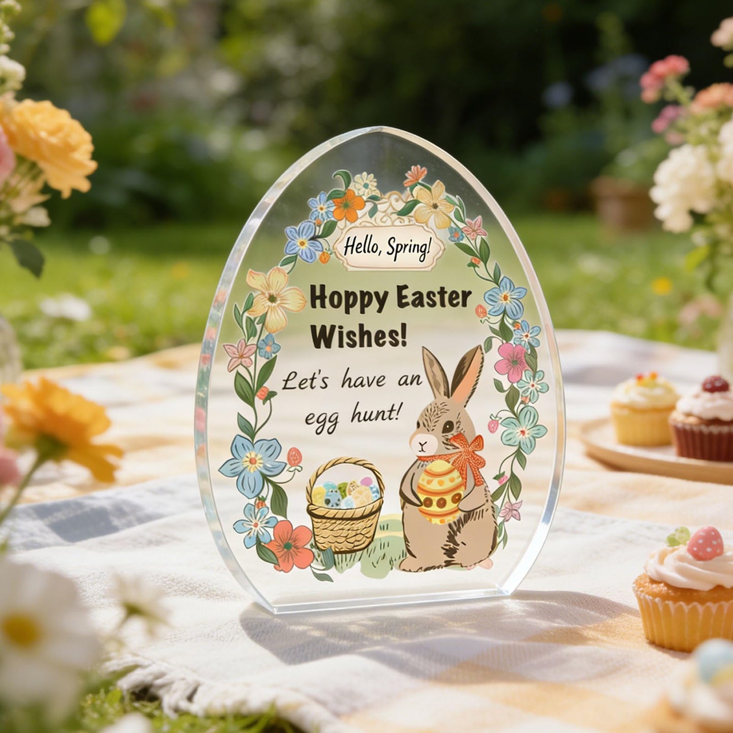 Easter Acrylic Plaque Decor - Hello Spring! Egg-Shaped Gift for Couples with Bunny, Eggs & Basket, Festive Tabletop Decor