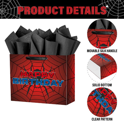 Ranfashiong 13" Red Large Spider Kids Birthday Gift Bag with Tissue Paper and Card, Spider Webs Design Wrapping for Boys, Girls Halloween Party Decor