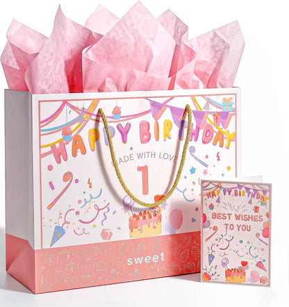 BOPLYBAY 1st Birthday Gift Bag for Girls with Greeting Card & Tissue Paper - Large 13" Pink Age 1 Birthday Party Favor Bag, Luxury Gift Wrapping Set for One Year Old Baby Girl (Age 1)