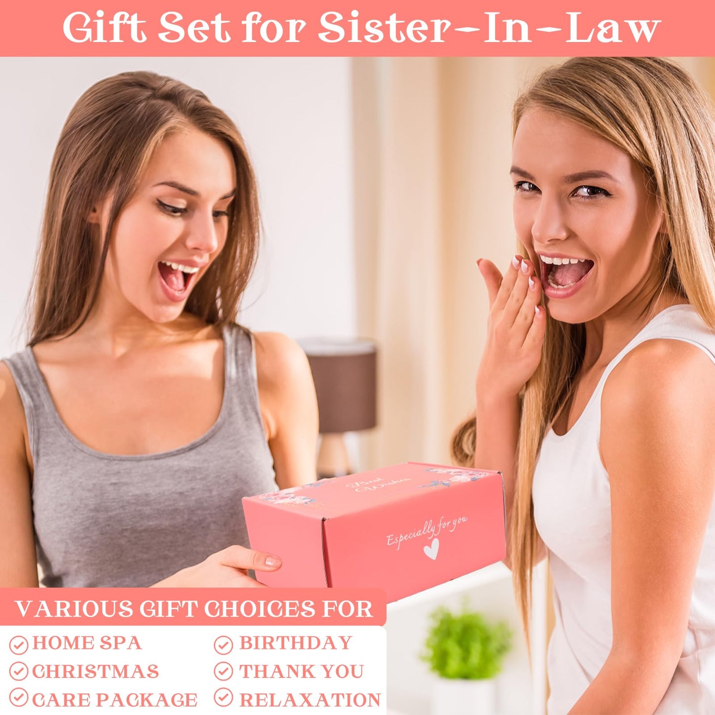 Sister in Law Gifts - Pink Gift Basket Set, Birthday, Christmas, Wedding, Spa Day, Best Gifts for Sister-in-Law, includes Coffee Mug