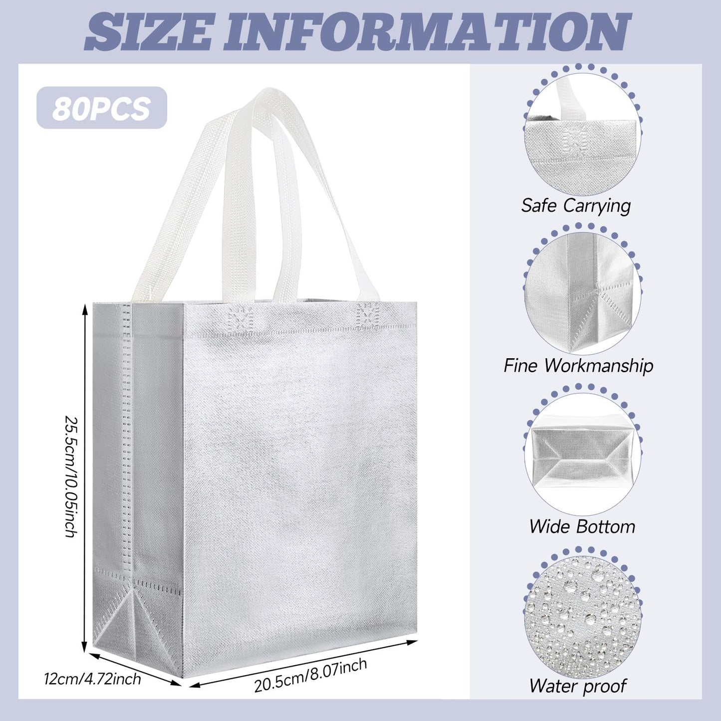 Eccliy 80 Pcs Reusable Gift Bags Set Glossy Grocery Gift Tote Bag with Hadnle for Wedding, Father's Day, Graduation, Summer Event (10 x 8 x 4.7 Inch,Silver)