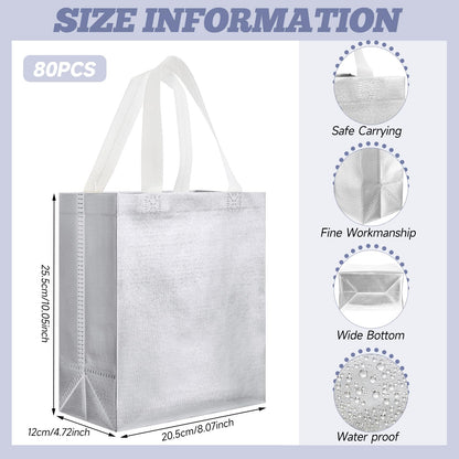 Eccliy 80 Pcs Reusable Gift Bags Set Glossy Grocery Gift Tote Bag with Hadnle for Wedding, Father's Day, Graduation, Summer Event (10 x 8 x 4.7 Inch,Silver)