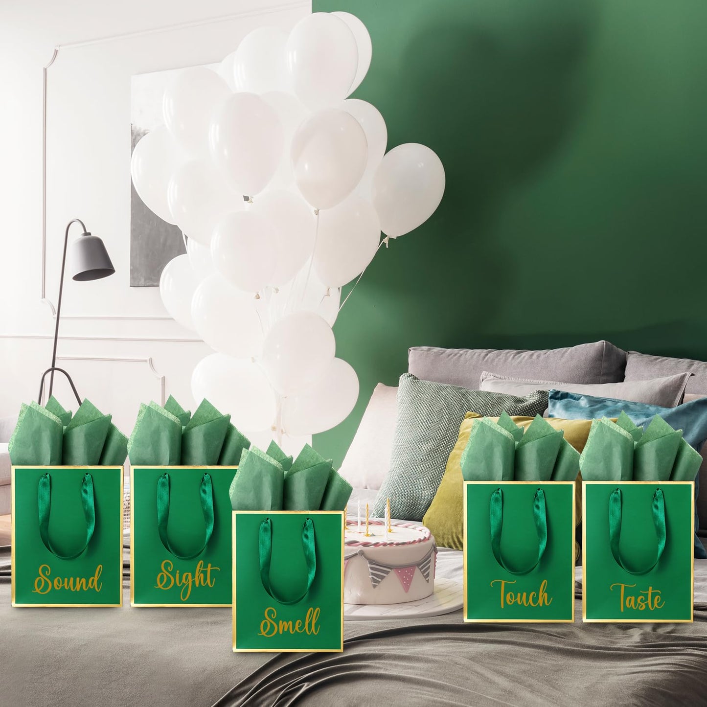 Yeaqee 10 Pack Metallic Paper Gift Bags with Handle Tissue Paper Thank You 5 Senses Gift Bag for Birthday Wedding Baby Shower Groomsmen Bridal Graduation Party Favor 9 x 7 x 3.15''(Green, Gold)