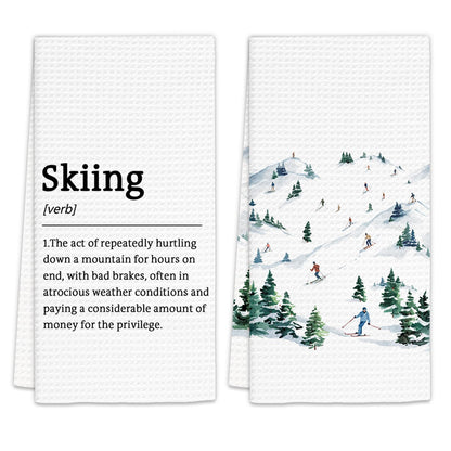 Winter Skiing Definition Kitchen Towels Set of 2, Ski Gifts for Skiers Women Men Dish Towels, Winter Mountain Ski Decorative Hand Towels for Bathroom,Ski Lodge Kitchen Bathroom Decor(16x24Inch)