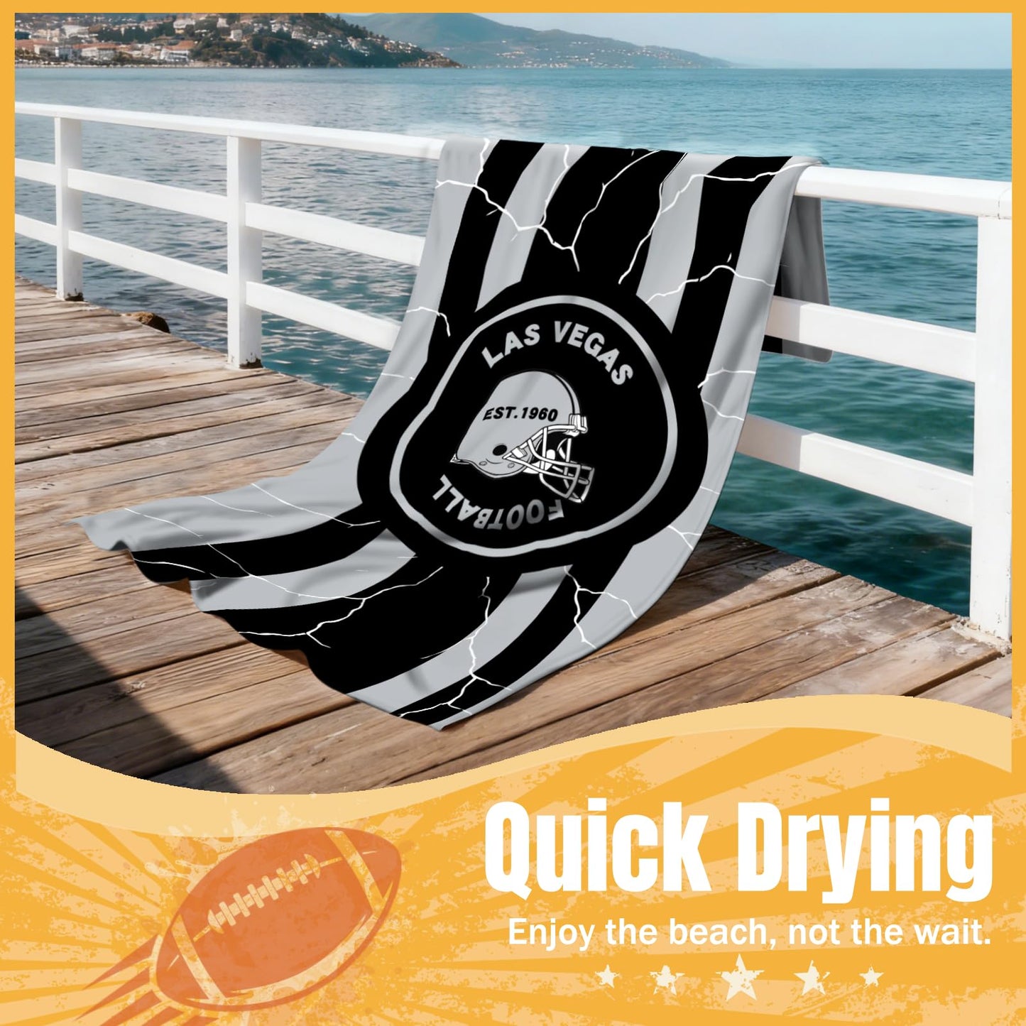 Football Fan Thin Lightweight Microfiber Beach Towel Las Vegas City Themed Large Absorbent Oversized Towels Men Women Stuff Raiders Team Dad Husband Guy Him Birthday Anniversary Cool Useful Nice Gift