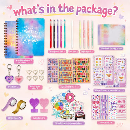OIHEW 100+ Pcs DIY Journal Kit for Teen Girls - Scrapbook Supplies & Aesthetic Stationary Set with 2 Spiral Notebooks, Stickers, Glitter Pens - Arts and Crafts Birthday Gift for Tweens Girls Age 8-12+