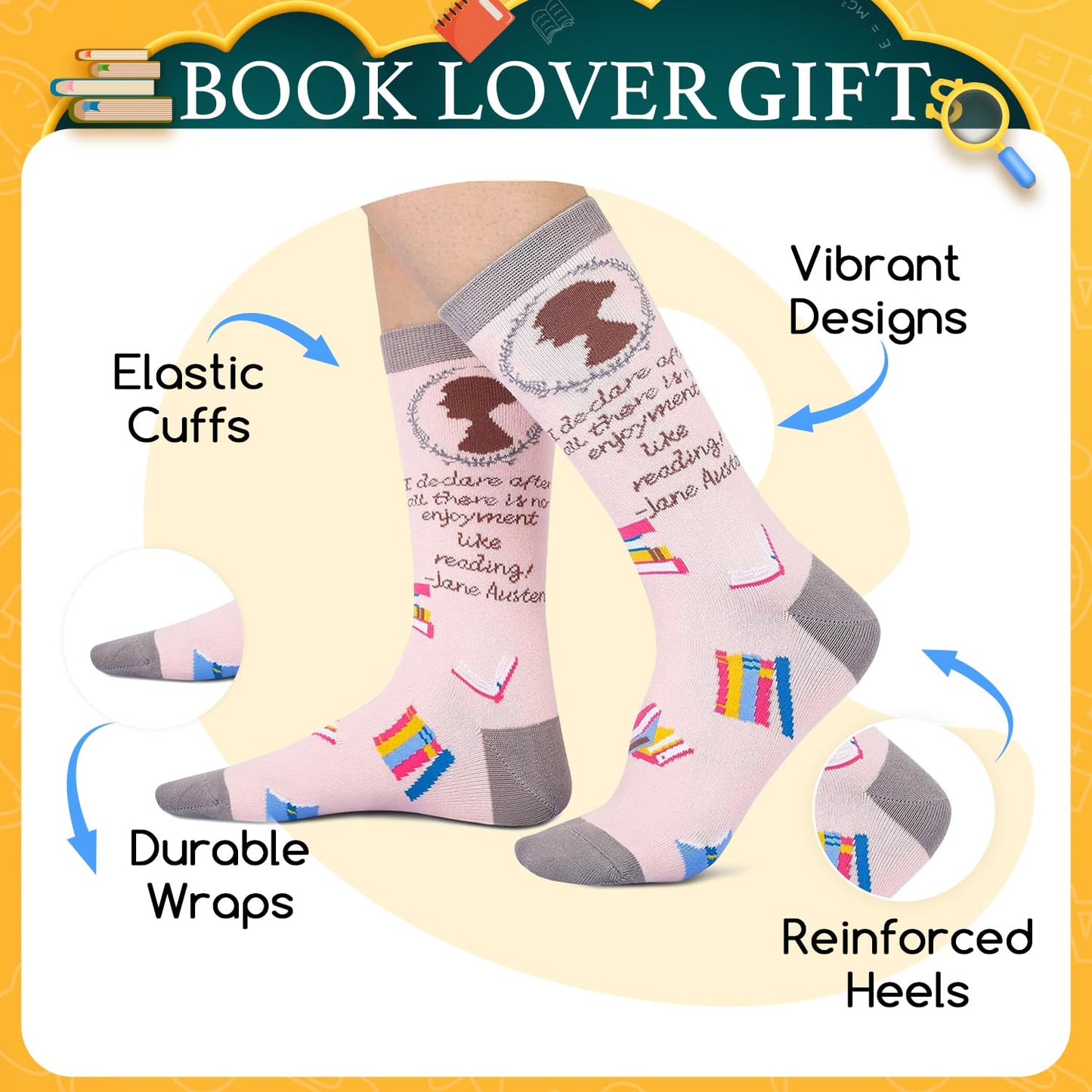 HAPPYPOP Funny Readig Socks for Women - Math Jane Book Gifts, Pencil Library Card Gifts