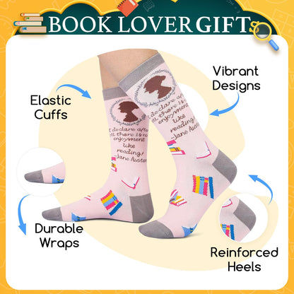 HAPPYPOP Funny Readig Socks for Women - Math Jane Book Gifts, Pencil Library Card Gifts