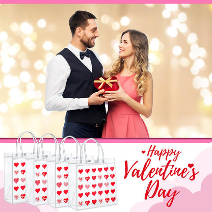 Uiifan 24 Valentines Day Clear PVC Gift Bags Valentines Transparent Heart Sayings Gift Bags with Handle Galentines Day Gifts Reusable Wrap Tote(Red)