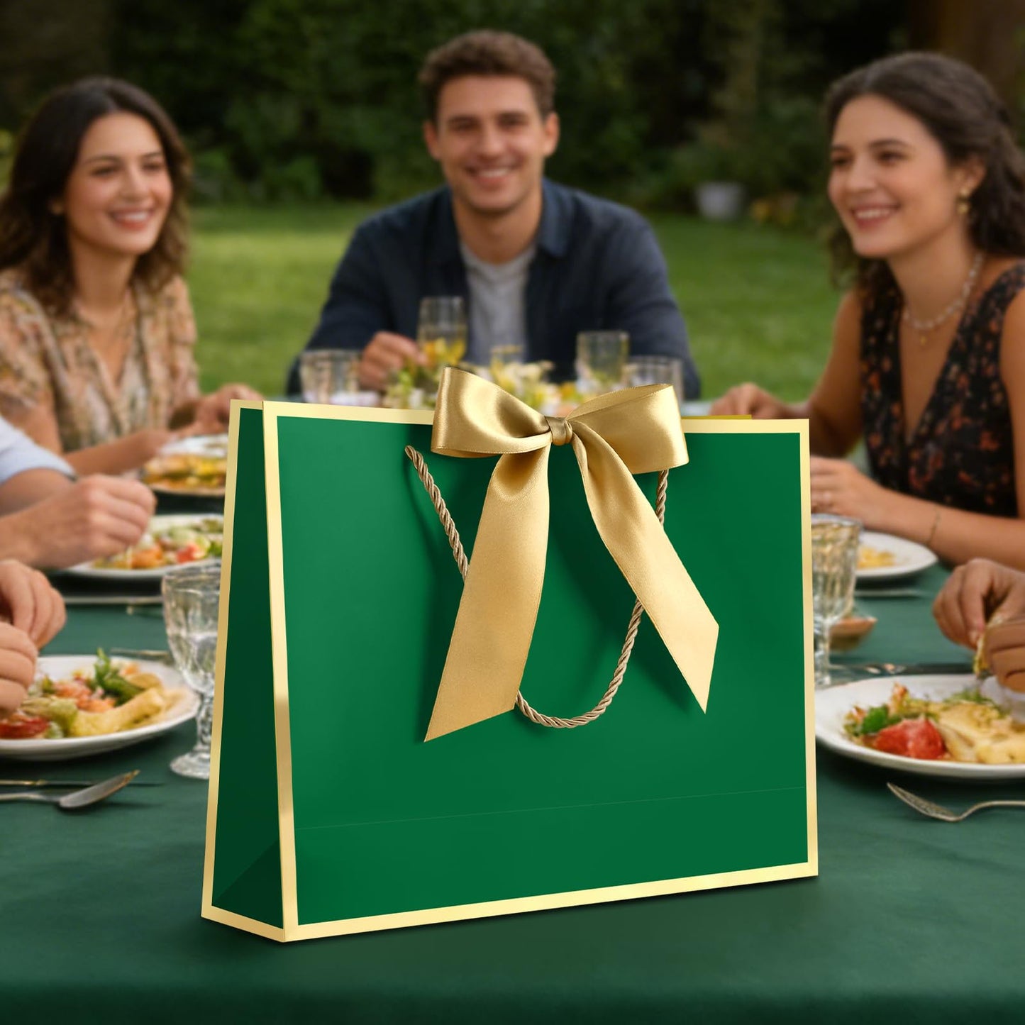 JMANNI 1PCS Gift Bag with Ribbon and 1 Greeting Card 2 Tissue Papers, Portable Paper Gift Bag with Handles for Graduation Baby Shower Wedding Fathers Day Mother's Day Birthday Party (green gold