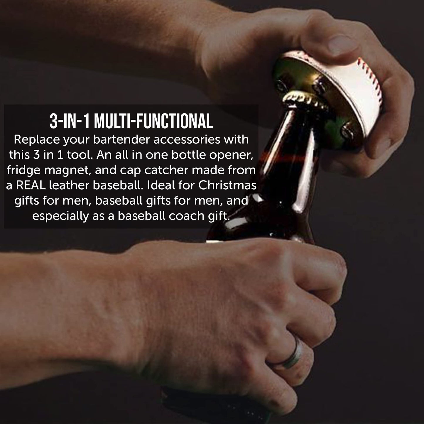 Milwaukee Beer Bottle Opener - Real Baseball Leather, Magnetic & Cap Catcher - Cool Gadget Gift for Men