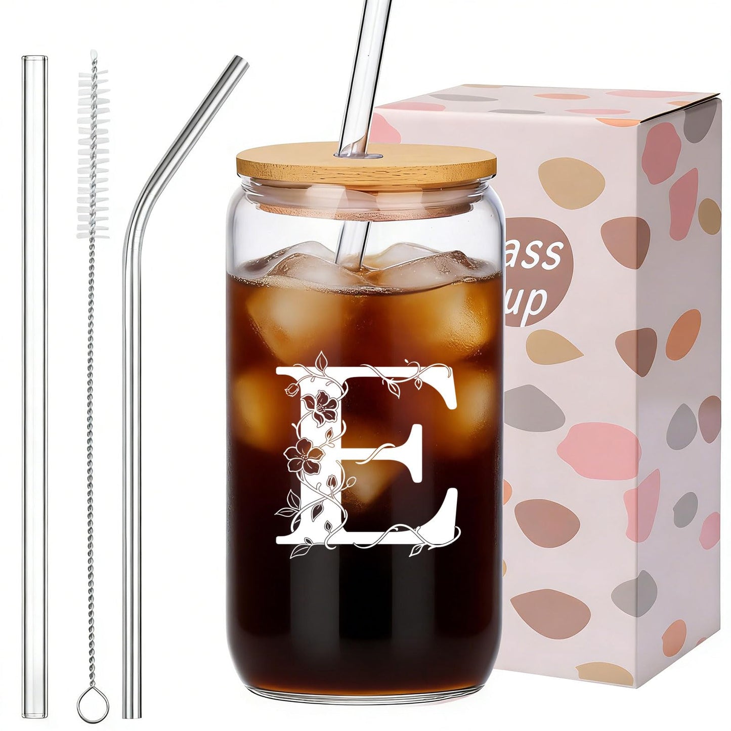 Personalized Gifts for Women, Monogrammed Glass Cups with Lids and Straws, Customized Gifts for Women, Cute Design Initial Iced Coffee glasses, Custom Letter Mug, Birthday Bridesmaid, E