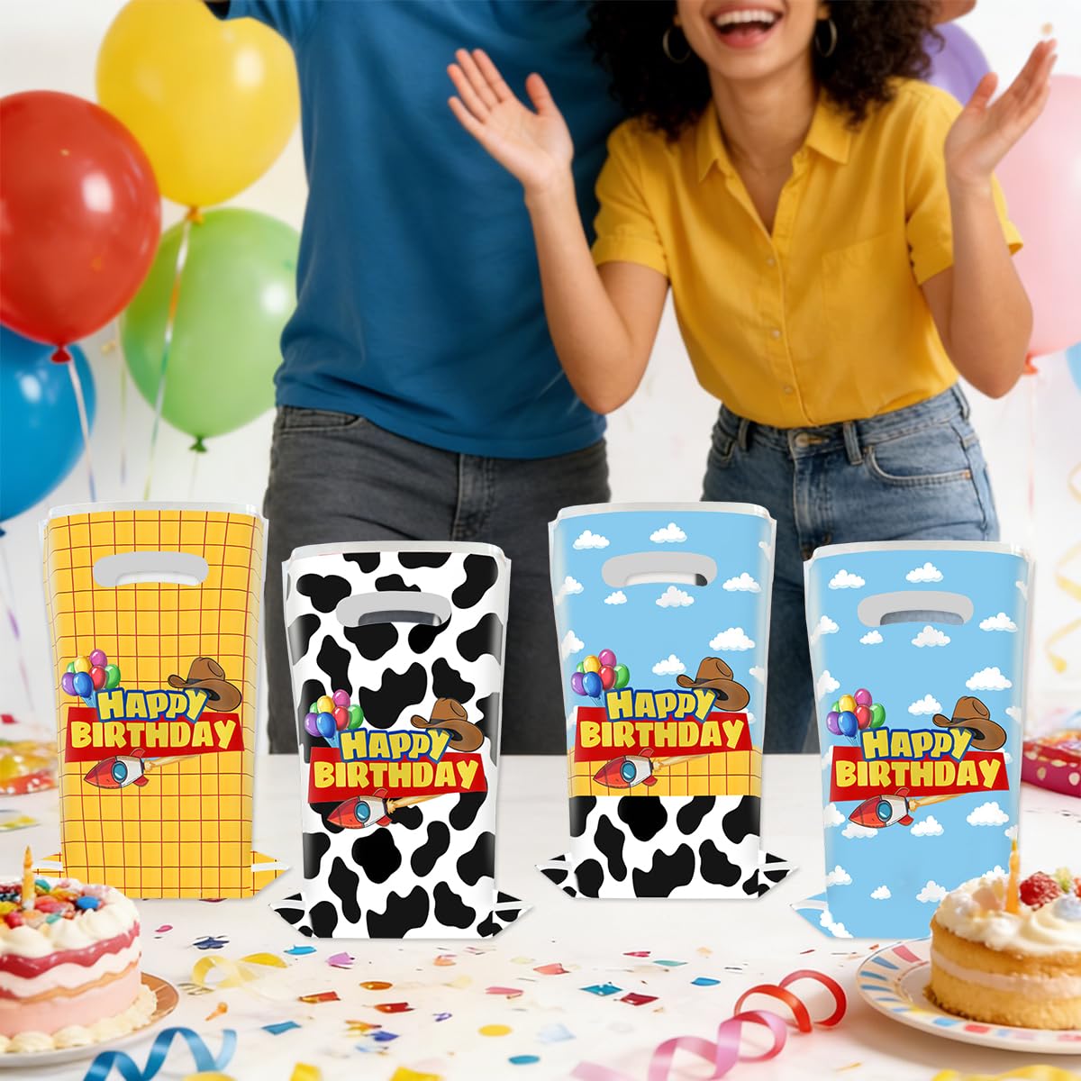 JU XIN 40pcs Cartoon Story Birthday Party Favor Bags, Blue Sky White Cloud and Cow Print Candy Bags for Kids Party Decora