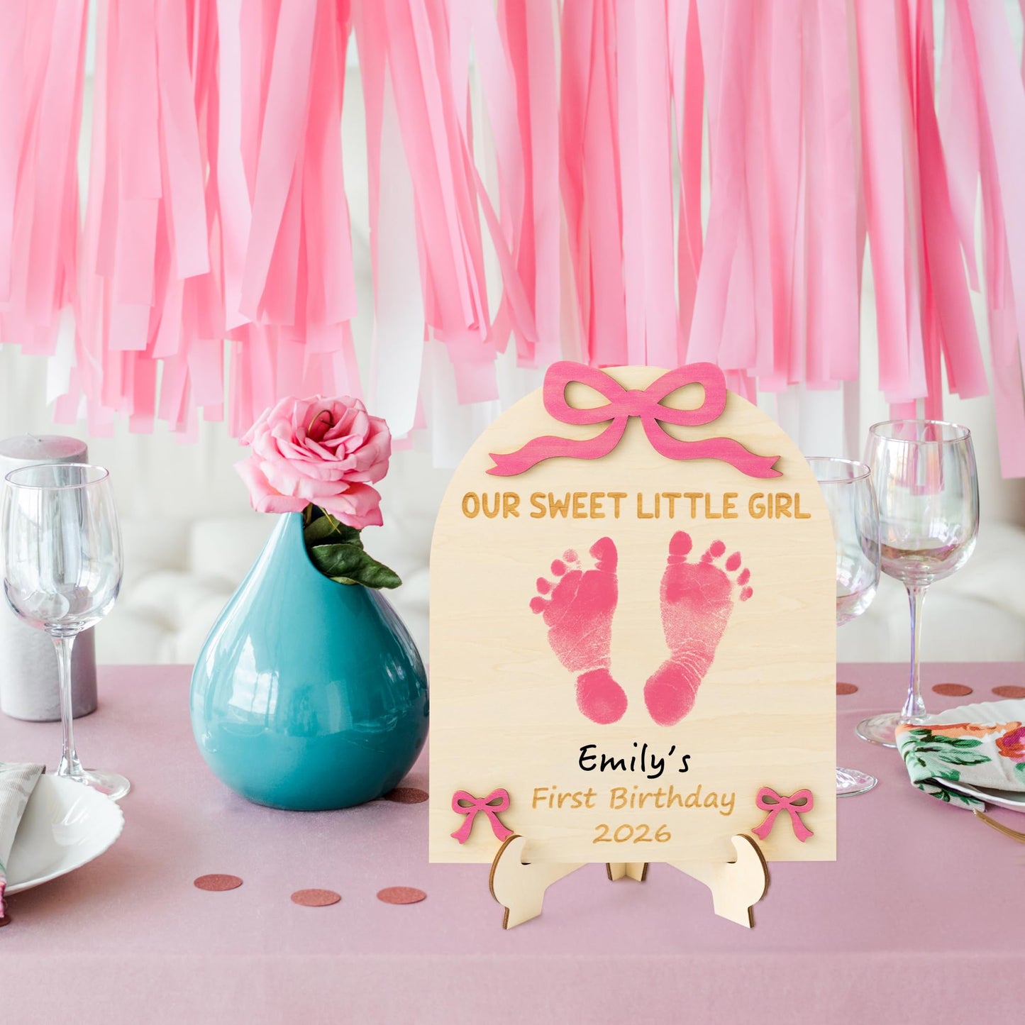 R HORSE 3D Pink Bow Baby's First Birthday DIY Footprint or Handprint Art Sign, Our Sweet Little Girl Wooden Hanging Decoration, Newborn Keepsake Gift for Baby Girl 1st Birthday Baby Shower Photo Prop