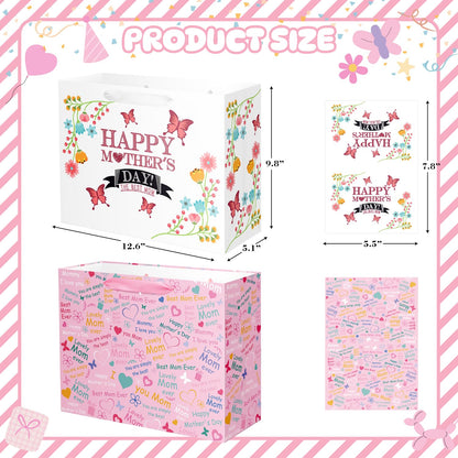 Lyforpyton 12.6" Medium Mother's Day Bag with Tissue Paper and Card for Mom, Grandma, Floral Gift Bags with Cards for Woman, Suitable for Mother's Day （ 2PCS ）