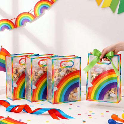 Aliceset 12 Pcs Rainbow Party Clear Goodie Bags with Handles Rainbow Theme Favor Bags with Ribbon Colorful Wrapping for Birthday Gay Pride Baby Shower Candy Snack Treat Wrapping Supplies, 10x7x3.15''