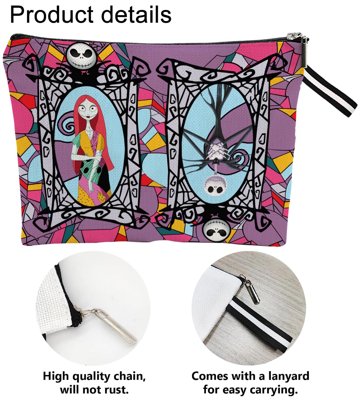 Portable Jack & Sally Themed Makeup Bag, Before Xmas Nightmare Cosmetic Bag, Jack Skellington & Sally Portable Travel Cosmetic Organizer- Cotton & Linen, Water-Resistant, 9.8x7 Inches