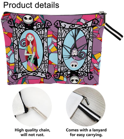 Portable Jack & Sally Themed Makeup Bag, Before Xmas Nightmare Cosmetic Bag, Jack Skellington & Sally Portable Travel Cosmetic Organizer- Cotton & Linen, Water-Resistant, 9.8x7 Inches