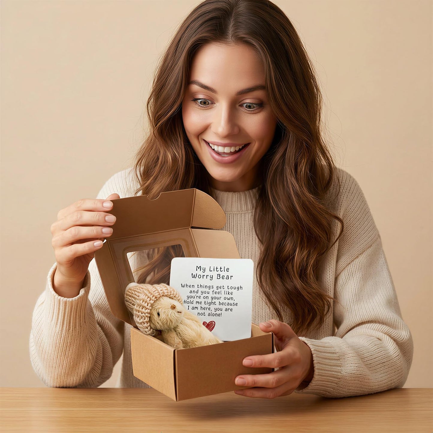A Handmade Bear Wearing a hat, with an Encouraging Card Included in the Packaging. This Pocket-Sized Handmade Bear Brings Comfort to Adults—It's the for Loved Ones, Family, and Friends.