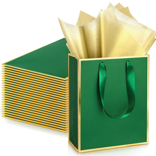 Yeaqee 24 Pack Metallic Paper Gift Bags with Handle and Tissue 9x7x3.1 Gold Foil Welcome Thank You Favor Bags Return Gifts for Wedding Graduation Bridesmaid Groomsmen Birthday(Green Gold)