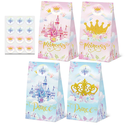 24 Pcs Princess Prince Party Gift Bags with Stickers,Castle Themed Birthday Party Favor Bags for Princess Prince Party,Gender Reveal & Wedding Decorations Supplies