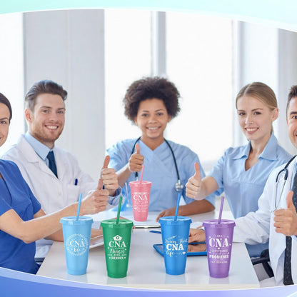 Meanplan 24 Pcs Cna Week Gifts Bulk Certified Nursing Assistants Gifts Cna Cups with Lids and Straws 24 oz Plastic Tumbler Nurse Appreciation Travel Mugs for Graduation Retirement Party Favors