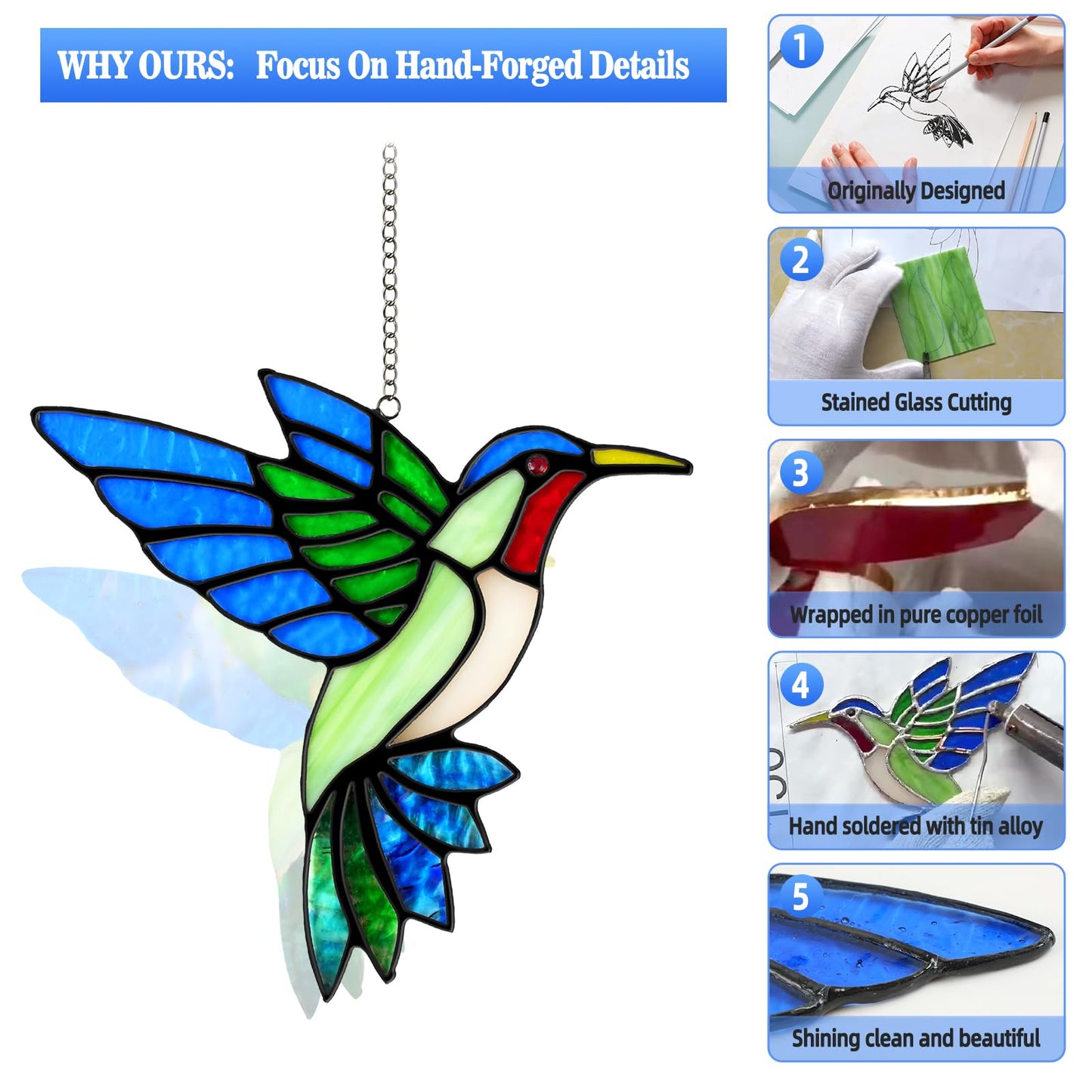 2 Packs Hummingbird Stained Glass Window Hanging Suncatchers - 6 Inch Handmade Real Glass with Copper Foil Edges, Bird Safe Gifts for Women Mom Grandma Bird Lovers(Suction Hooks Included)