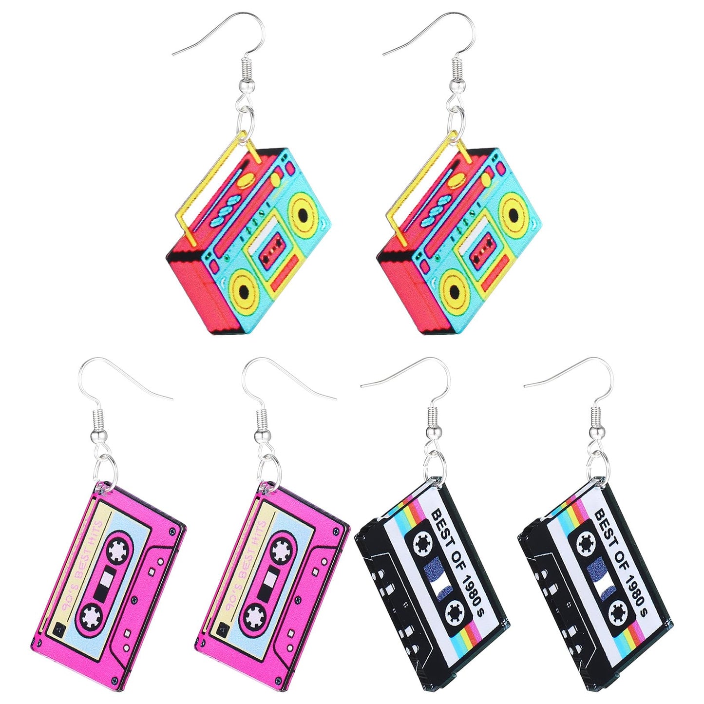 80s 90s Retro Cassette Tape Earrings, 3 Pairs Vintage Cassette Tape Earrings Neon Earring for Women Retro Geometric Drop Dangle Earring for 80s 90s Cosplay Party Outfit Gifts