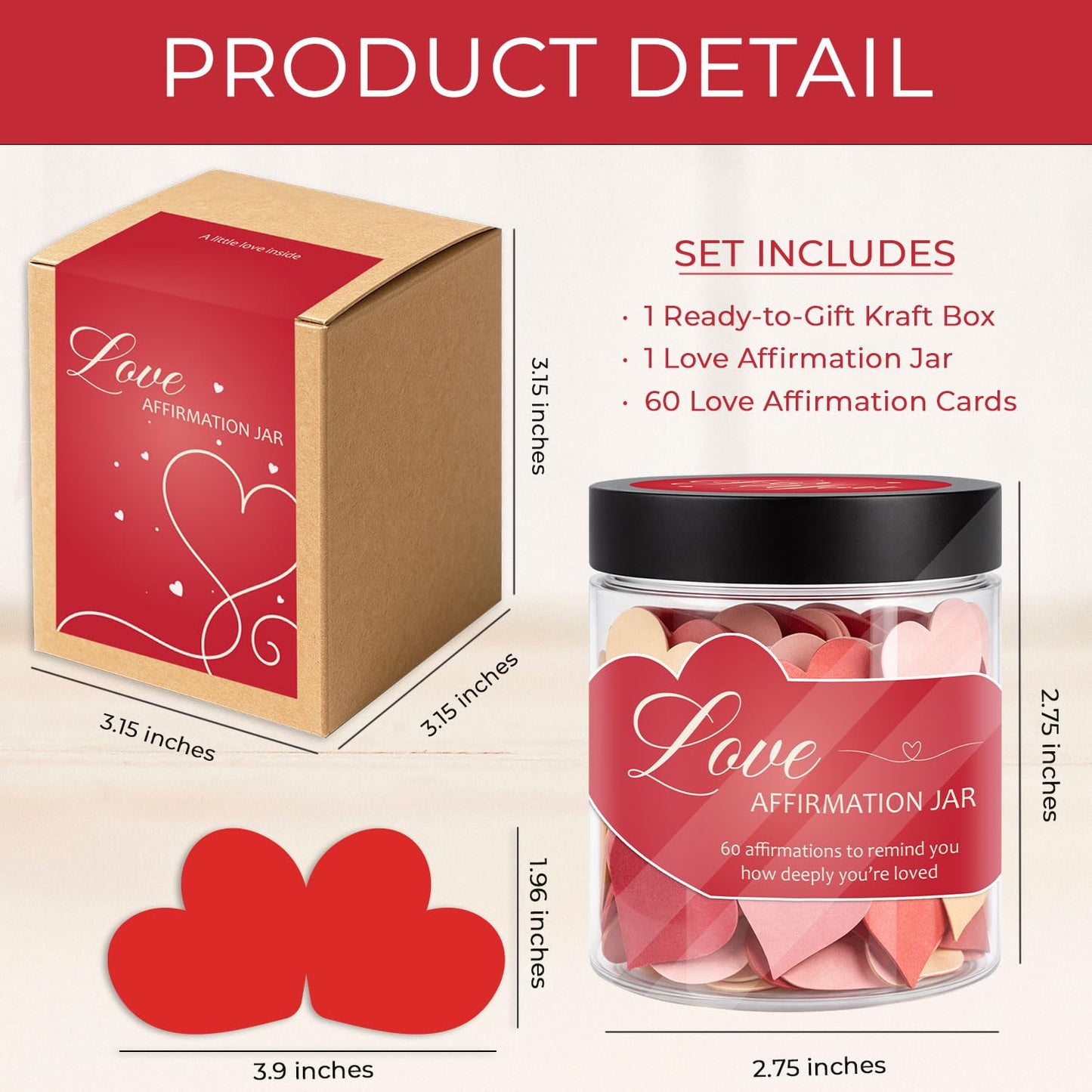 Love Affirmation Jar, Valentines Day Gift for Her or Him, 60 Heartfelt Love Notes, Romantic Gift for Wife, Husband, Girlfriend, Boyfriend, Valentines Day Gift