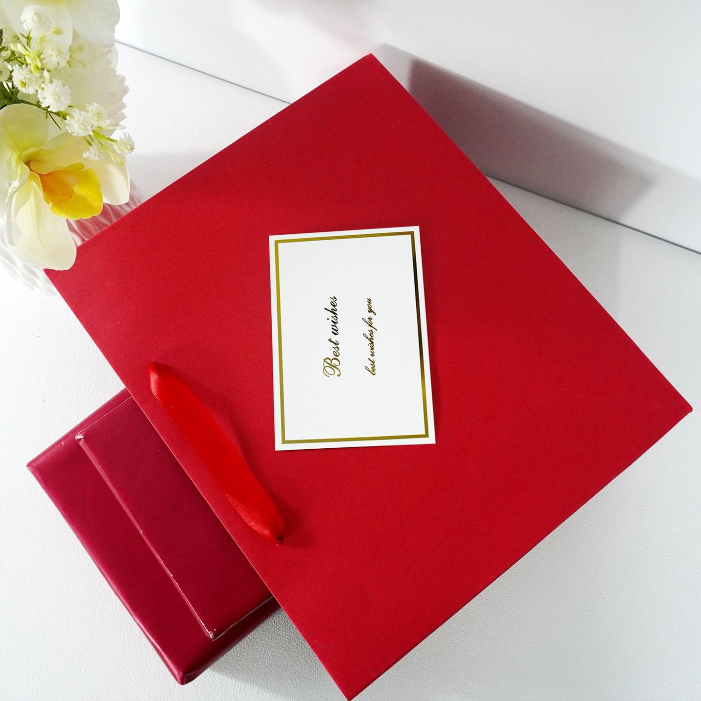 Elegant Red Gift Bag 11.8"x4.5"x9.8" with Ribbon Handles, Includes Card and Tissue Papers, Perfect for Birthdays, Weddings, Parties, Holidays, Baby Shower