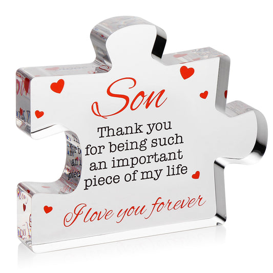 VELENTI Gifts for Son - Engraved Acrylic Block Puzzle Son Gift 3.35 x 2.76 inch - Son Thank You Gift from Mom and Dad - Son Birthday Gift - Christmas, Graduation Gift for Men, Boys