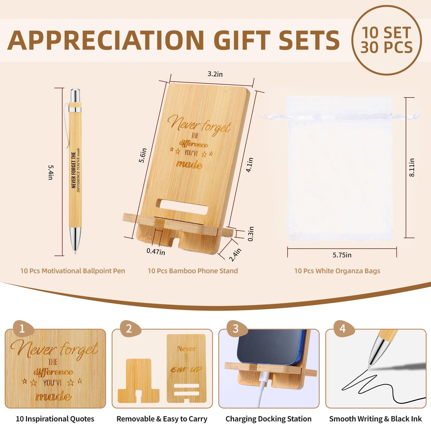 30 Pcs Employee Appreciation Gifts Bulk, 10 Wooden Phone Stands, 10 Motivational Pens with White Organza Bags, Thank You Gifts for Coworkers, Staff, Team, Volunteers, Nurses, Teachers, Office Desk