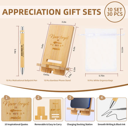 30 Pcs Employee Appreciation Gifts Bulk, 10 Wooden Phone Stands, 10 Motivational Pens with White Organza Bags, Thank You Gifts for Coworkers, Staff, Team, Volunteers, Nurses, Teachers, Office Desk