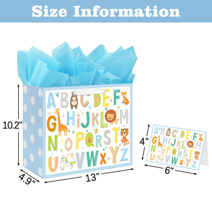 Laidans 13" Large Baby Boy Gift Bag for Baby Shower Birthday with Tissue Paper and Greeting Card (ABC Alphabet Animal Design)