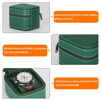 Single Watch Box, Small Watch Travel Cases for Men Women, Portable Zipper Wristwatches Storage Holder Boxes with Removable Pillow (Green)