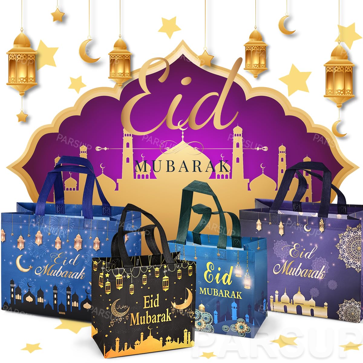 PARSUP 8PCS Eid Mubarak Reusable Gift Bags, Assorted Sizes Non-Woven Party Treat Bags with Handles for Gifts Wrapping, Party Supplies
