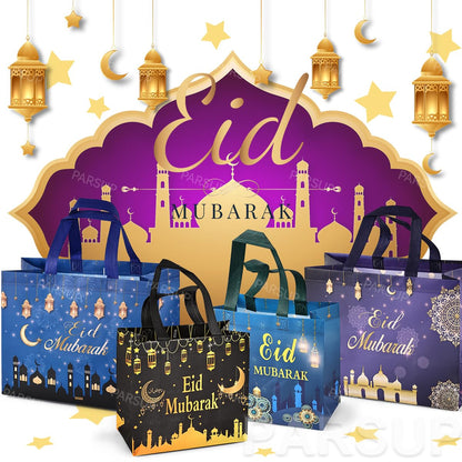 PARSUP 8PCS Eid Mubarak Reusable Gift Bags, Assorted Sizes Non-Woven Party Treat Bags with Handles for Gifts Wrapping, Party Supplies