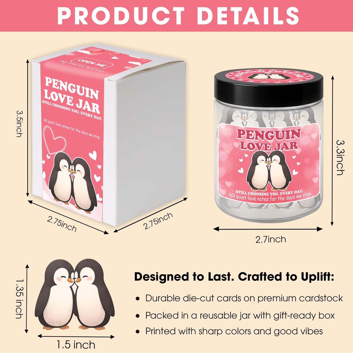Love Notes Penguin Jar, 60 Penguin Love Notes, Valentines Day Gift for Her, Him, Girlfriend Boyfriend Valentines Day Gifts, Anniversary Birthday Christmas Gift for Couples