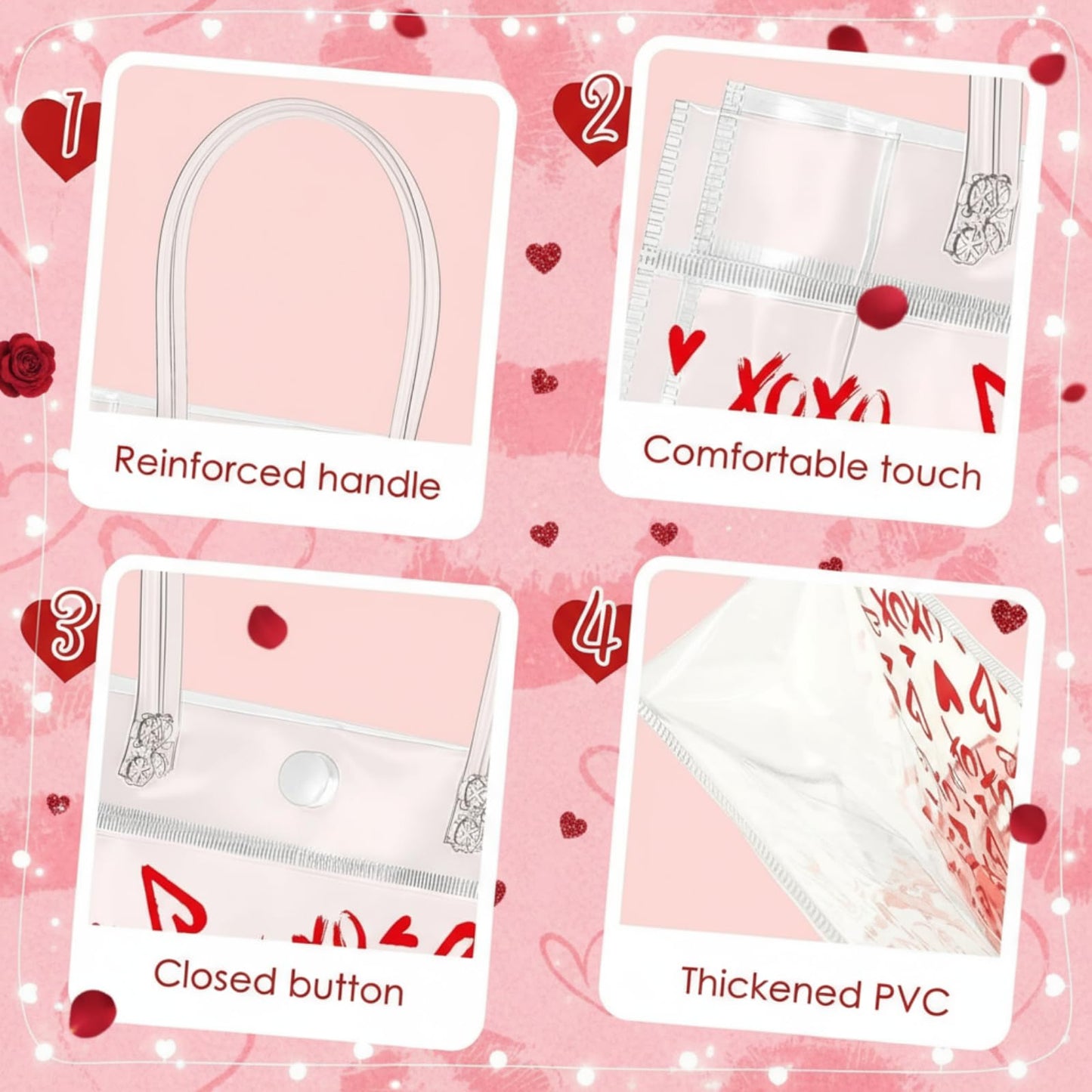 Amylove 24 Pcs Valentines Gift Bags Bulk Valentines Day Clear Gift Bags Bulk Valentine Clear PVC Goodie Bag with Handles Galentines Day Party Favors (Stylish,Red)
