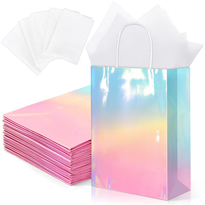MIMIND 24 Pack Iridescent Paper Gift Bags with Handles Holographic Party Favor Bags with Tissue Paper 8.7 x 6.3 x 3.1 Inch Glitter Gradient Pink and Blue Goodie Candy Bag for Wedding Birthday Parties