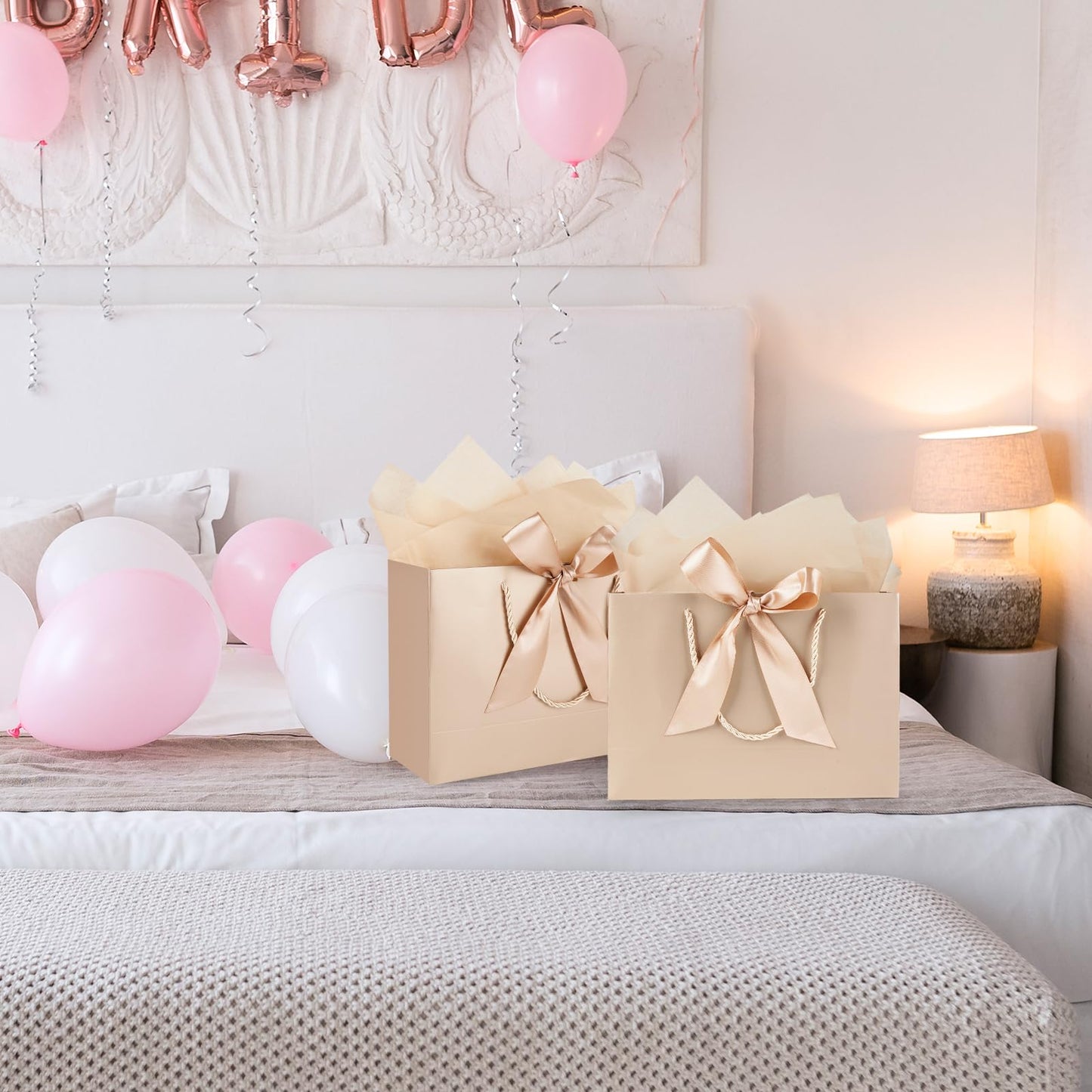 Gfractolux Large Gift Bags for Present, 1 Pcs Gift Bags for Women Men with Tissue Paper and Cards, Gift Bags for Birthdays, Baby Shower, Wedding, Anniversary 14.2" x 9.8" x 4.7" (Champagne)