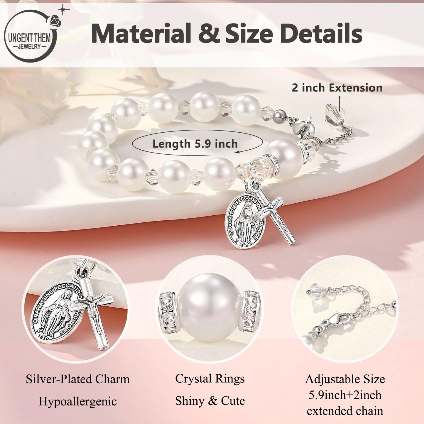 UNGENT THEM Rosary Cross Pearl Bracelet Baptism Communion Catholic Confirmation Easter Gifts for Girls Granddaughter Daughter Niece